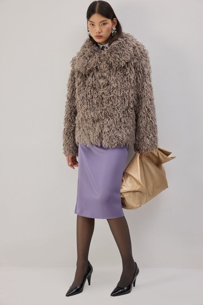 Touche Prive Kahverengi Retro Zarif Kürk Kaban Toptan Giyim Nostaljik