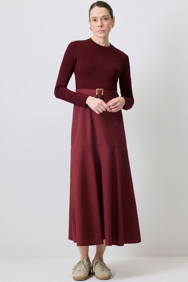 Touche Prive Bordo Zarif Resmi Fit & Flare Elbise Toptan Giyim Resmi