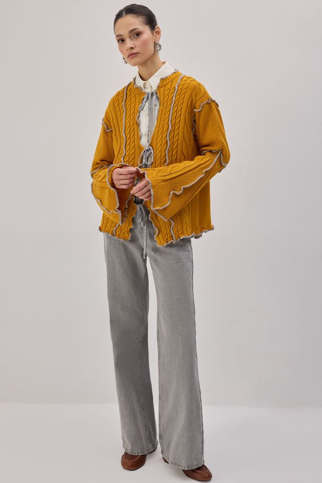 Touche Prive Sarı Oversize Kalıp Hırka Bağlamalı Toptan Giyim Gündelik