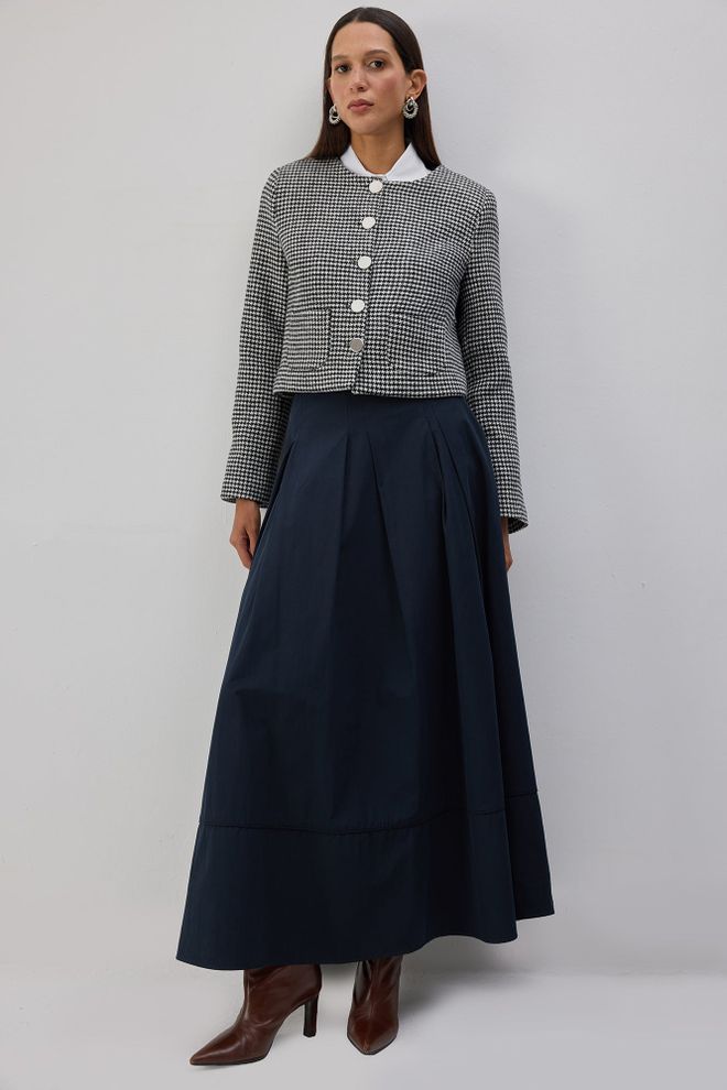 Touche Prive Siyah Tek Düğmeli Kazayağı Desenli Kaban Toptan Giyim Tesettür