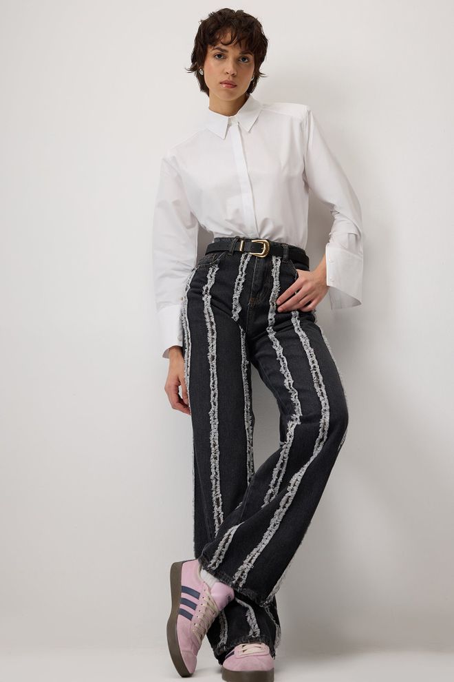 Touche Prive Juodos Spalvos Mamos Kelnės Aukštu Juosmeniu Ir Dryžuotu Raštu Didmeninė prekyba drabužiais Kokteilinė