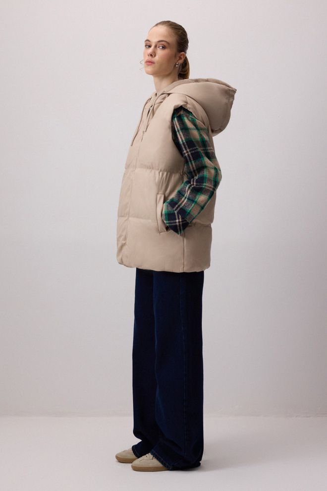 Touche Prive Colete Bege Oversized Longo Com Zíper Roupas por atacado Casual