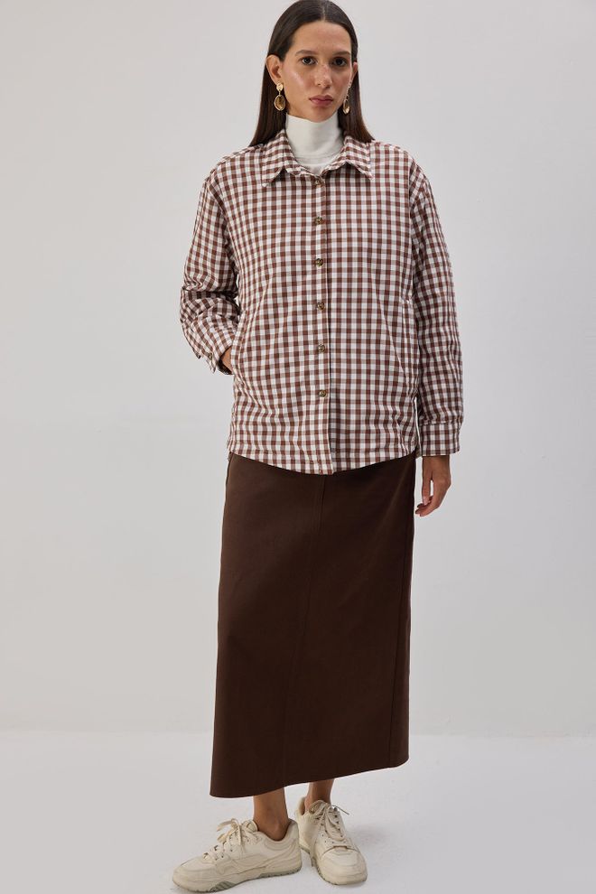 Touche Prive Kahverengi Damalı Gündelik Kolej Düğmeli Ceket Toptan Giyim Gündelik