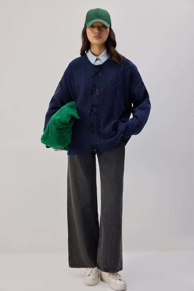 Touche Prive Lacivert Hırka Bol Kalıp İlmekli Kapama Toptan Giyim Gündelik