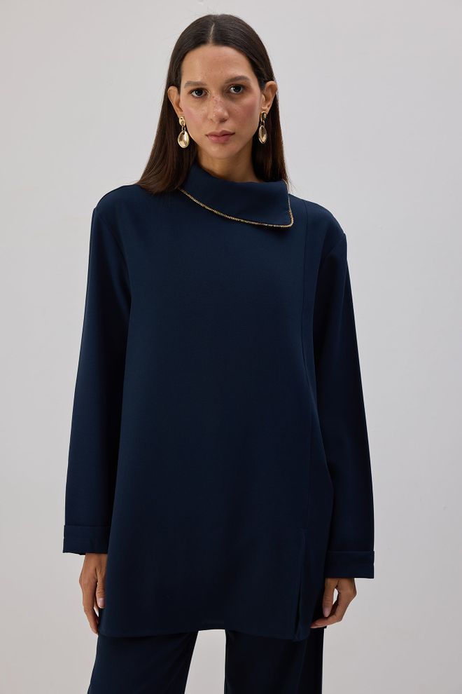 Touche Prive Lacivert Zarif Düğmeli Tunik Toptan Giyim Tesettür