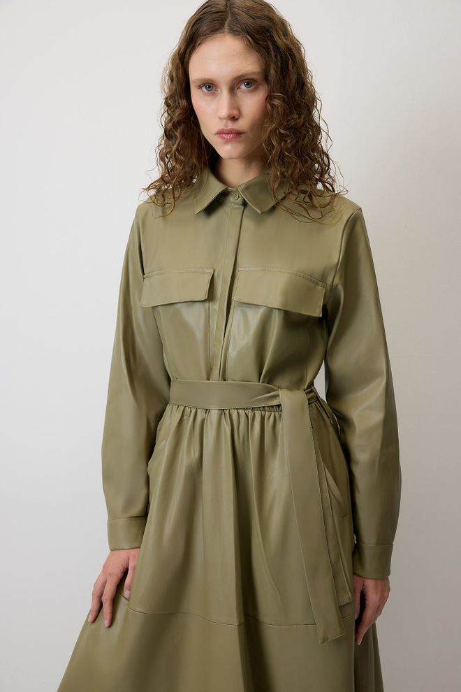 Touche Prive Haki Zarif Tesettür Gündelik Resmi Gömlek Elbise Toptan Giyim Tesettür