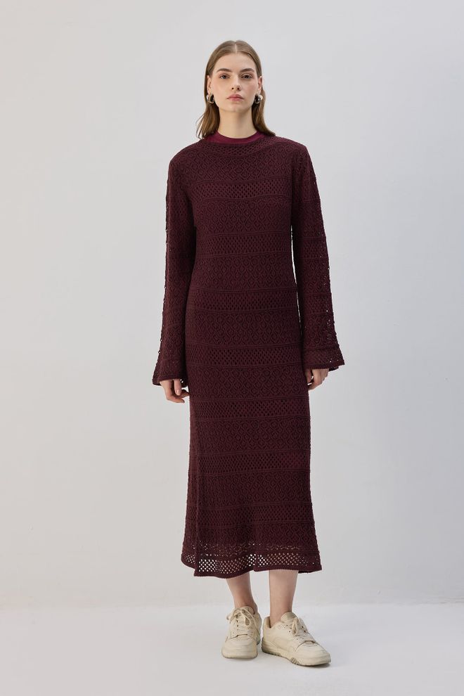 Touche Prive Obleka Bordo Rdeča Pulover Z Dolgimi Rokavi Skromna In Elegantna Oblačila na debelo Skromno