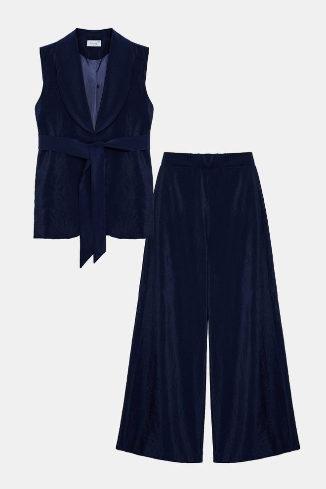 Touche Prive Lacivert Zarif Set Şal Yaka Ve Palazzo Pantolonlu Toptan Giyim Gündelik