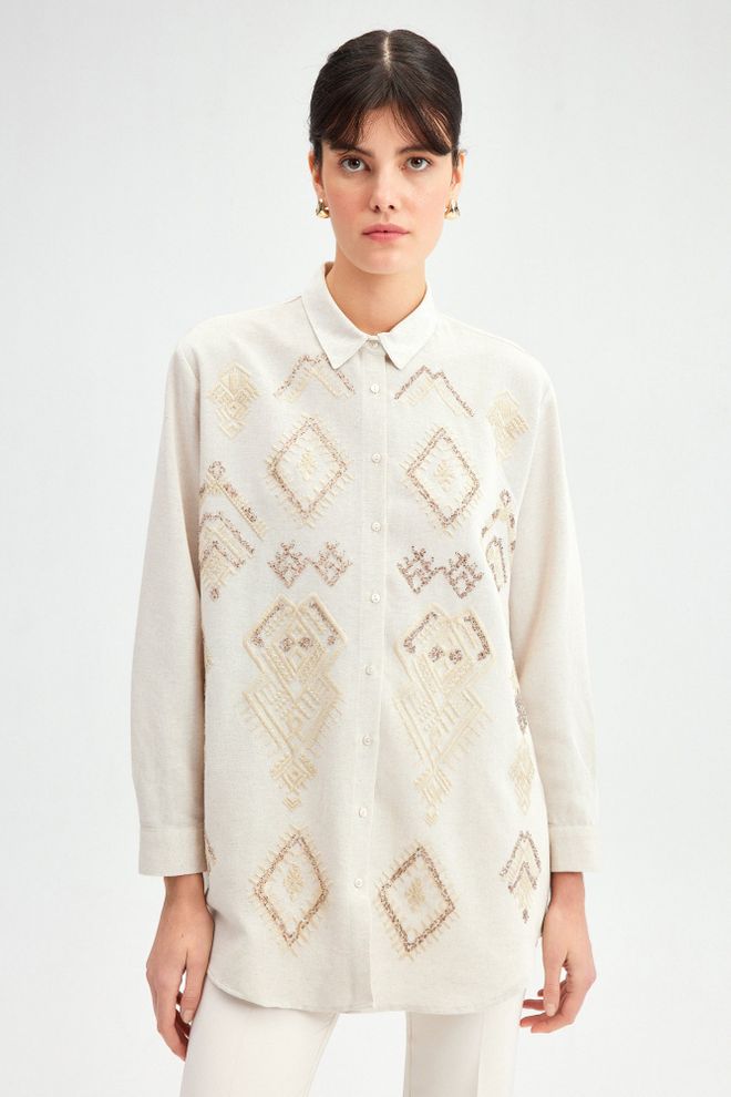 Touche Prive Bej Etnik Tesettür Gündelik Zarif Gömlek Toptan Giyim Tesettür