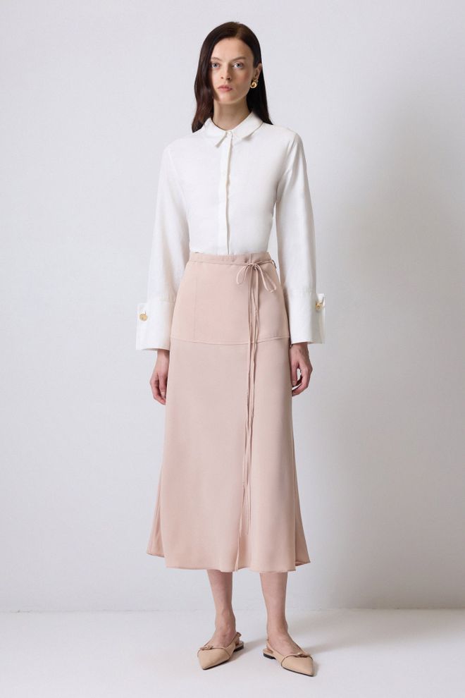 Touche Prive Bej Yüksek Bel Midi Flare Etek Toptan Giyim Tesettür