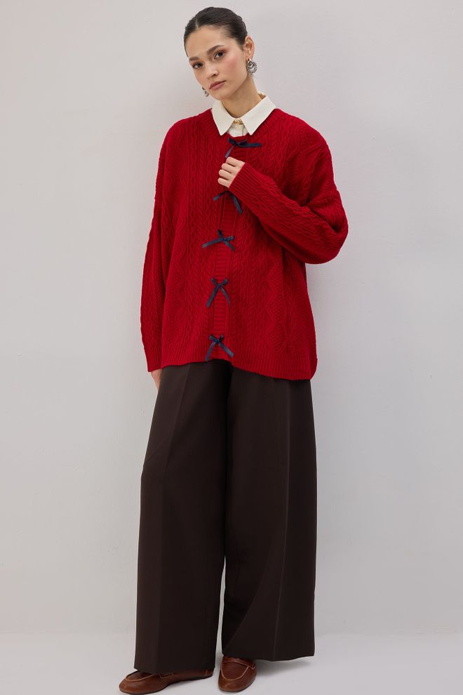 Touche Prive Kırmızı Tesettür Gündelik Nostaljik Zarif Retro Hırka Toptan Giyim Tesettür