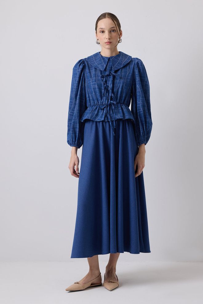 Touche Prive Mavi Zarif Nostaljik Resmi Set Toptan Giyim Tesettür