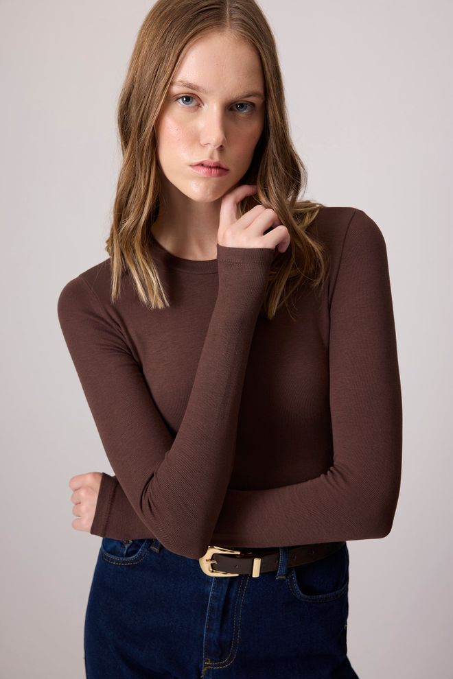 Touche Prive Brown Slim Fit Blouse With Round Neck Wholesale Clothing Casual