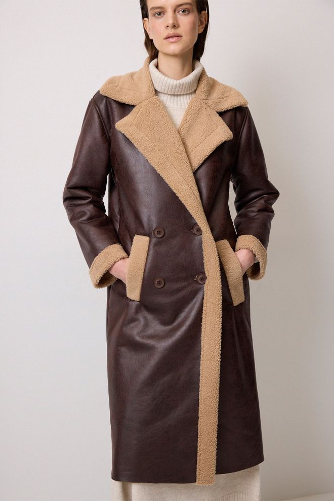 Touche Prive Brown Double Breasted Long Coat With Notched Collar Wholesale Clothing Work