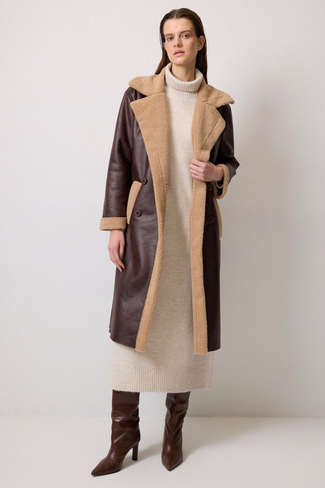 Touche Prive Brown Double Breasted Long Coat With Notched Collar Wholesale Clothing 1