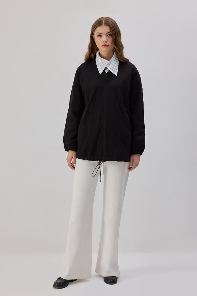 Touche Prive Siyah Gündelik Sokak Tarzı Spor Sweatshirt Toptan Giyim Gündelik