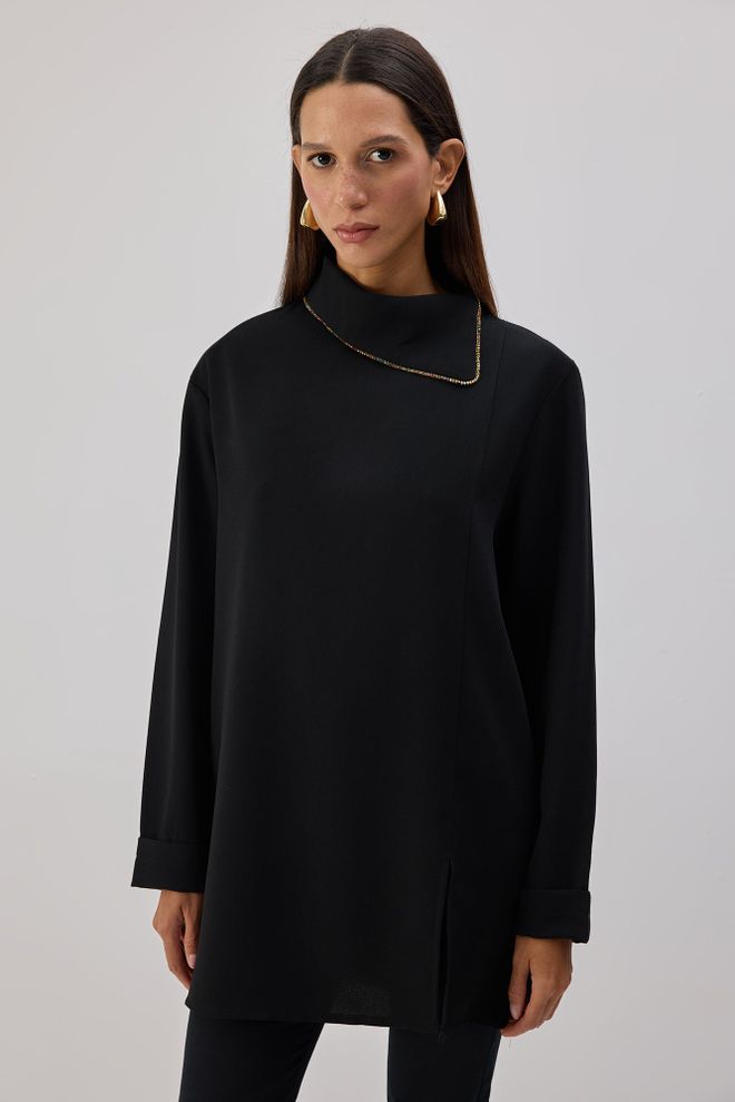 Touche Prive Siyah Şal Yaka Tunik Fermuarlı Kapamalı Toptan Giyim Tesettür