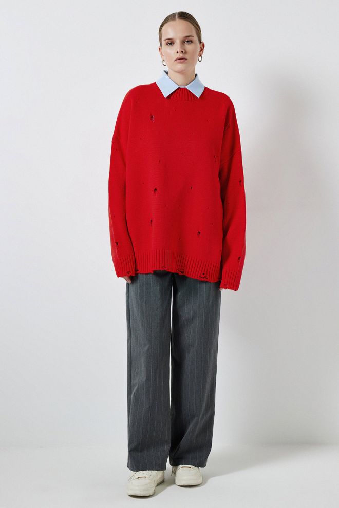Touche Prive Jersey Rojo Oversize Con Cuello Redondo Ropa al por mayor Casual