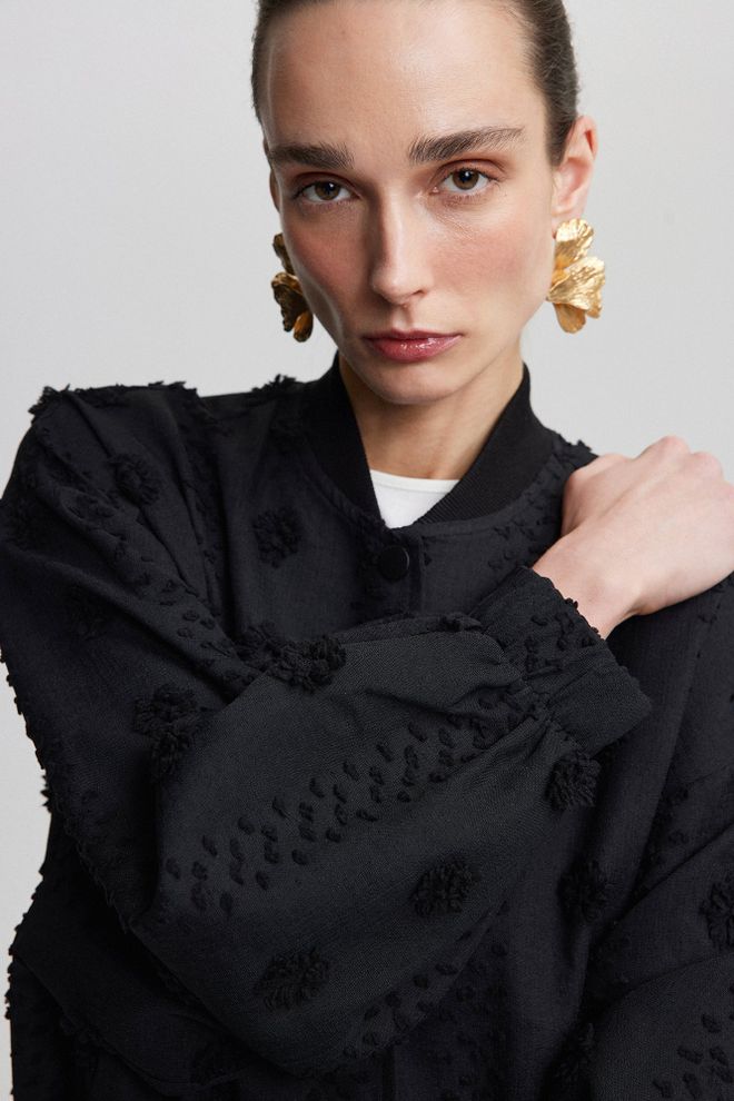 Touche Prive Black Varsity Jacket With Polka Dot Pattern Wholesale Clothing Spring