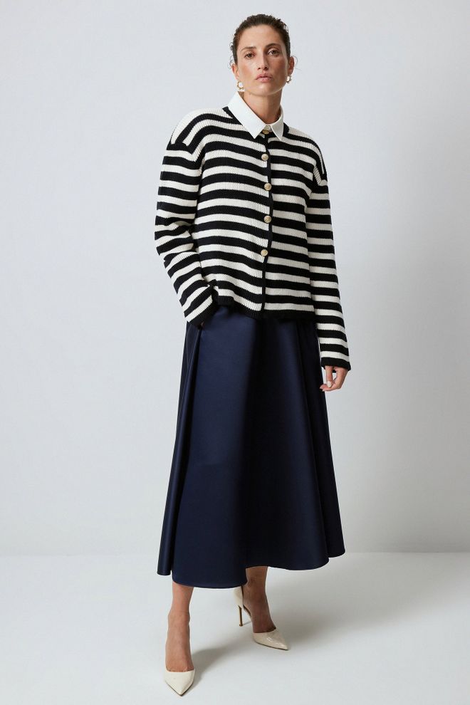 Touche Prive Cardigan Negru Cu Dungi Casual Cu Guler Polo Îmbrăcăminte cu ridicata Casual