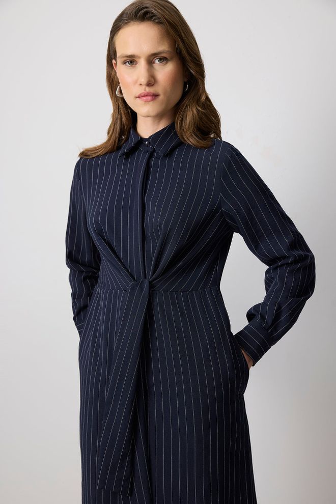 Touche Prive Lacivert Çizgili Midi Gömlek Elbise Toptan Giyim Tesettür