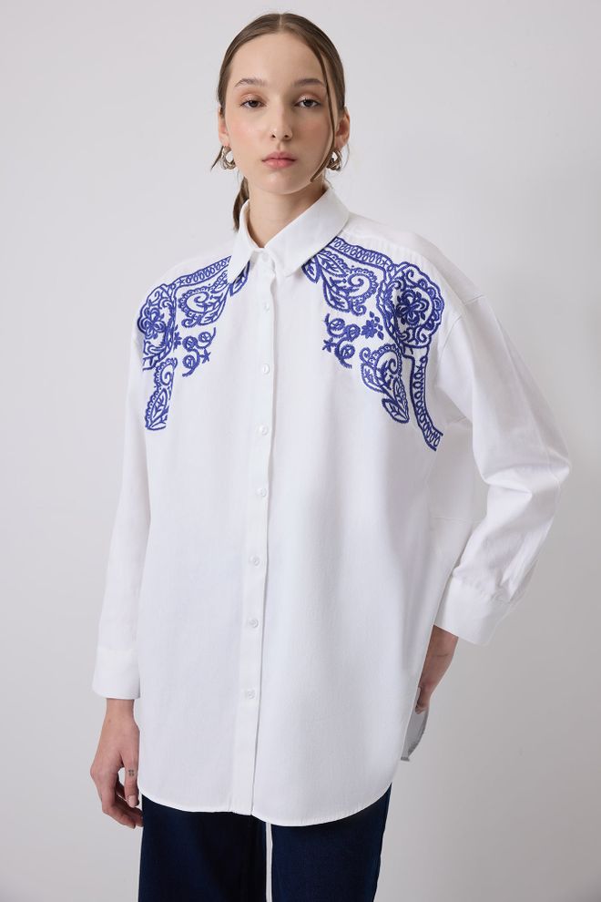 Touche Prive White Casual Oversized Polo Neck Shirt Wholesale Clothing 1