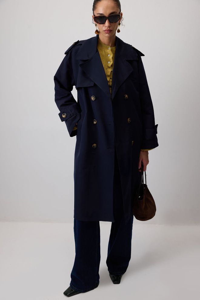 Touche Prive Lacivert Trençkot Zarif Çift Düğmeli Klasik Toptan Giyim Gündelik