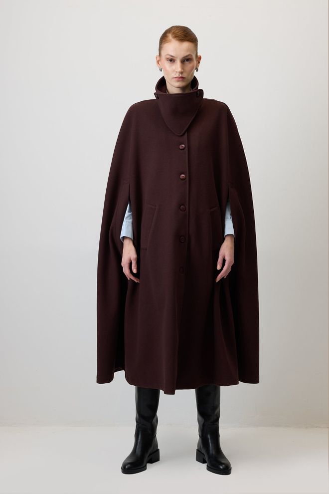 Touche Prive Kahverengi Zarif Tek Düğmeli Bol Kalıp Yüksek Yakalı Kaban Toptan Giyim Tesettür