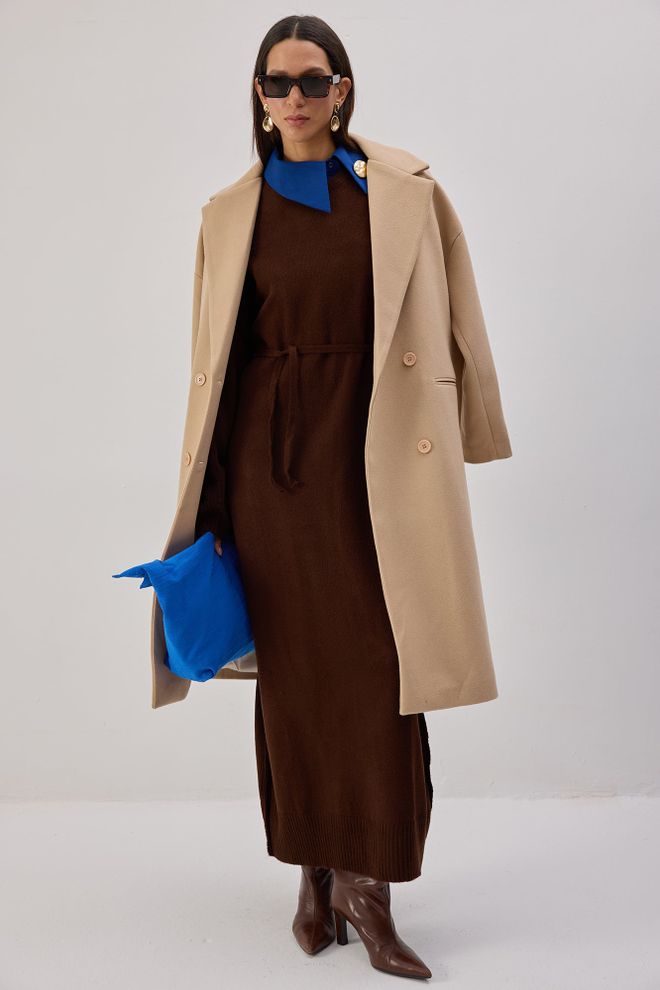 Touche Prive Rjava Elegantna Pulover Obleka Dolžina Do Tal Oblačila na debelo Skromno