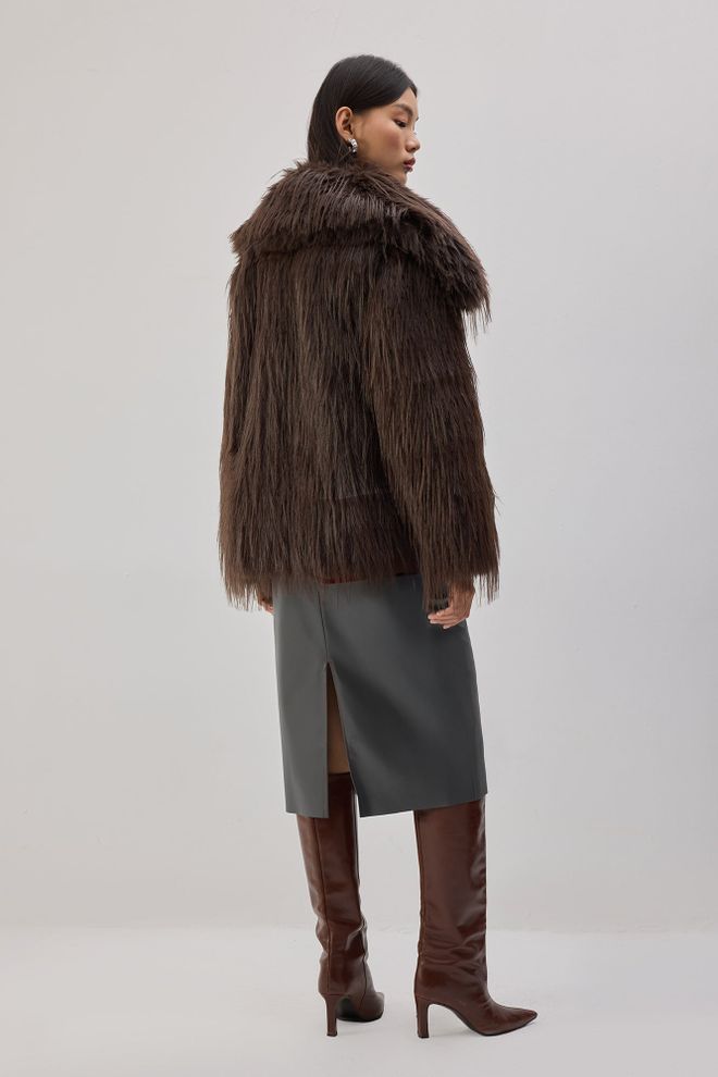 Touche Prive Kahverengi Kürk Bol Kalıp Kaban Çentikli Yaka Toptan Giyim Gündelik