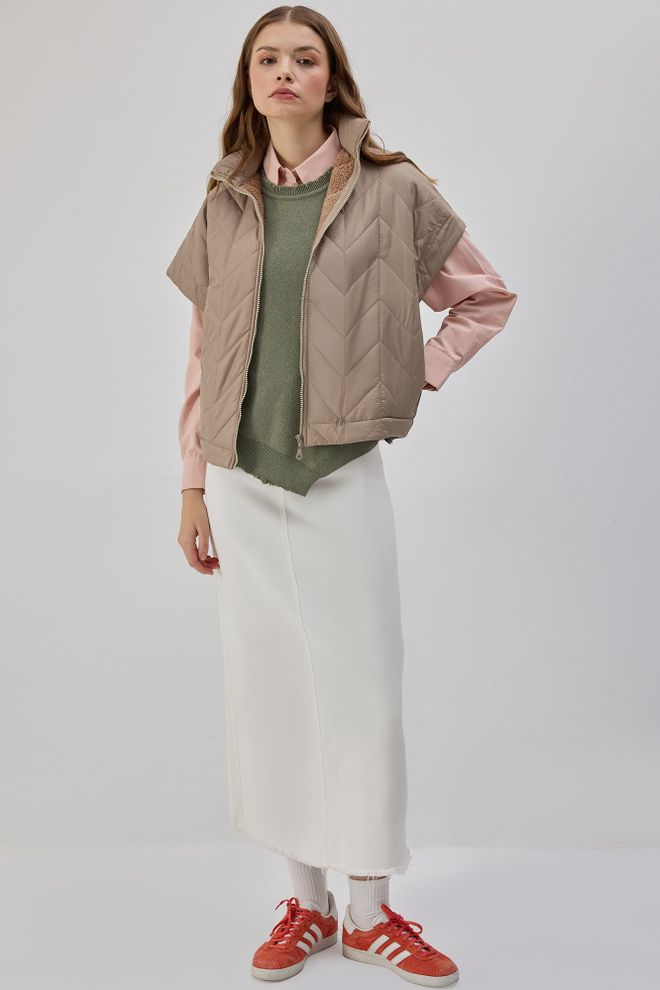 Touche Prive Μπεζ Καπιτονέ Αμάνικο Μπλουζάκι Με Φερμουάρ Σε Μεγάλα Μεγέθη Χονδρικό εμπόριο ενδυμάτων Casual