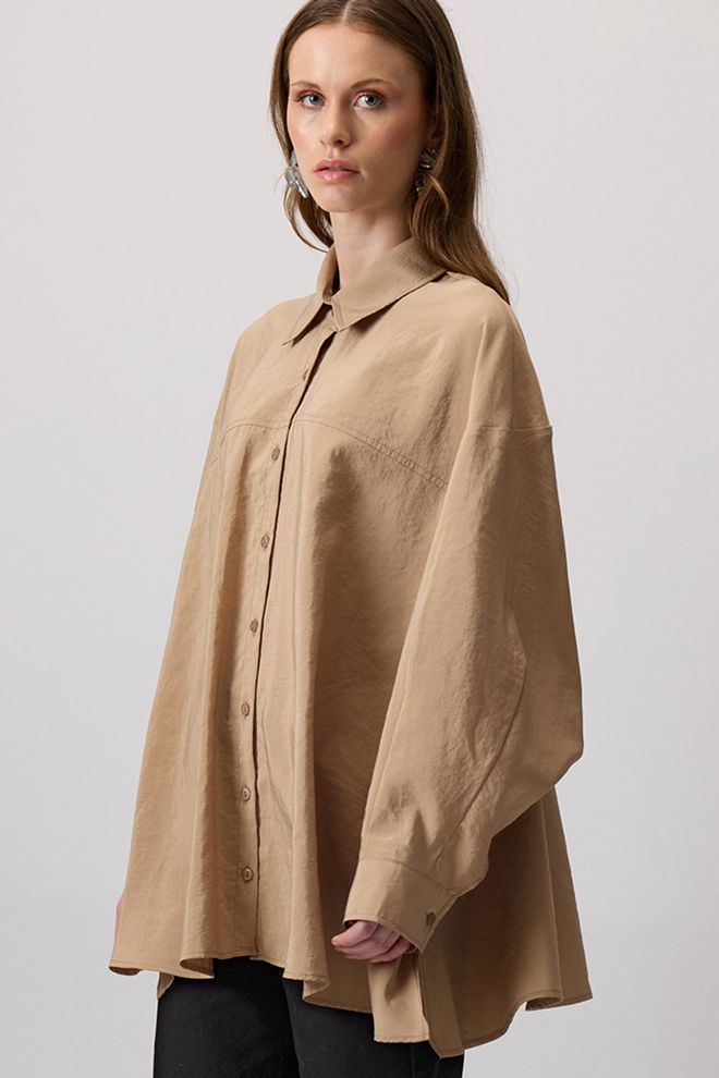 Touche Prive Béžová Neformálna Oversize Košeľa Na Gombíky Veľkoobchod s oblečením Neformálny