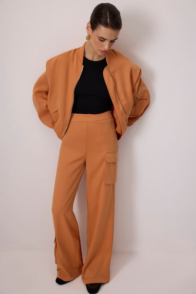 Touche Prive Pantalon Cargo Orange Taille Haute Jambe Large Fermeture À Tirer Vêtements en gros Décontracté