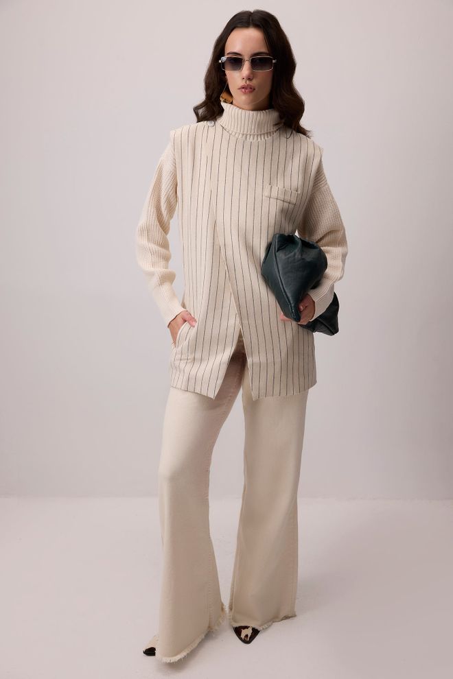 Touche Prive Colete Longo Bege Às Riscas Casual Roupas por atacado Modesto