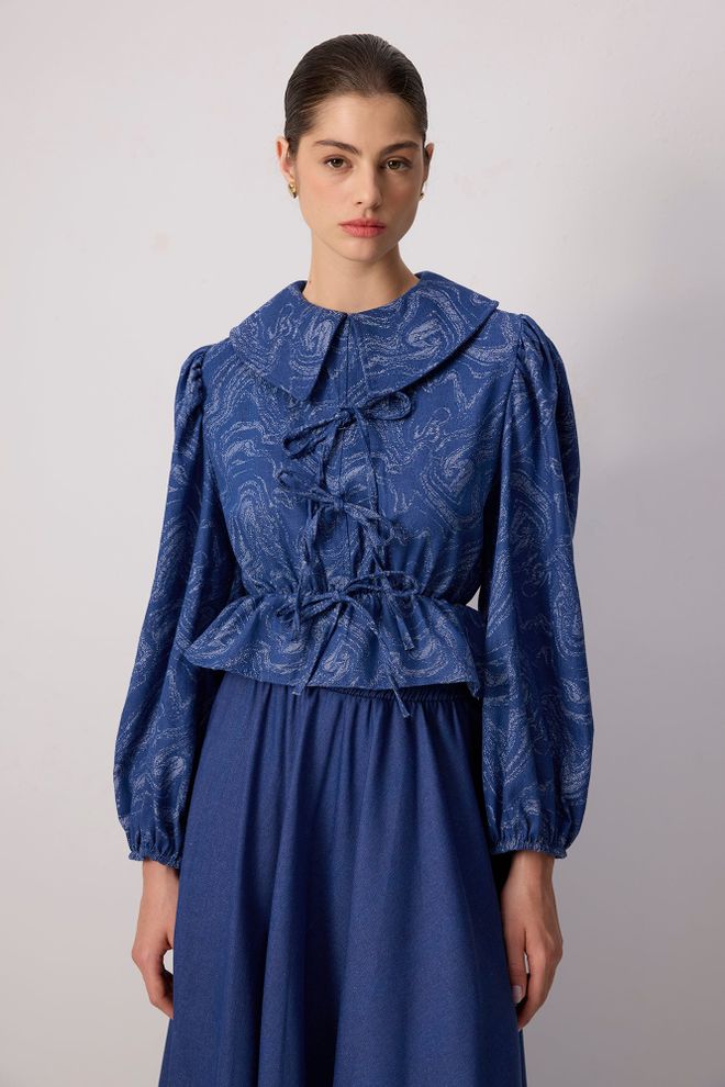 Touche Prive جلس أزرق أنيق بنمط رخامي وتنورة ماكسي ملابس بالجملة محتشم