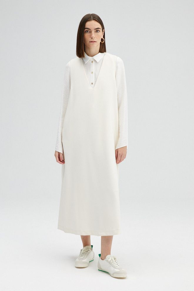 Touche Prive Белое Платье футляр С Длинными Рукавами И V образным Вырезом Оптовая продажа одежды Скромный