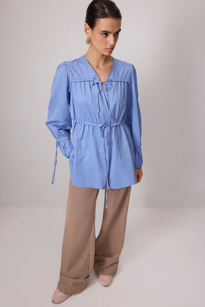 Touche Prive Blue Modest Kimono With Tie Closure And Slant Pocket Wholesale Clothing Spring