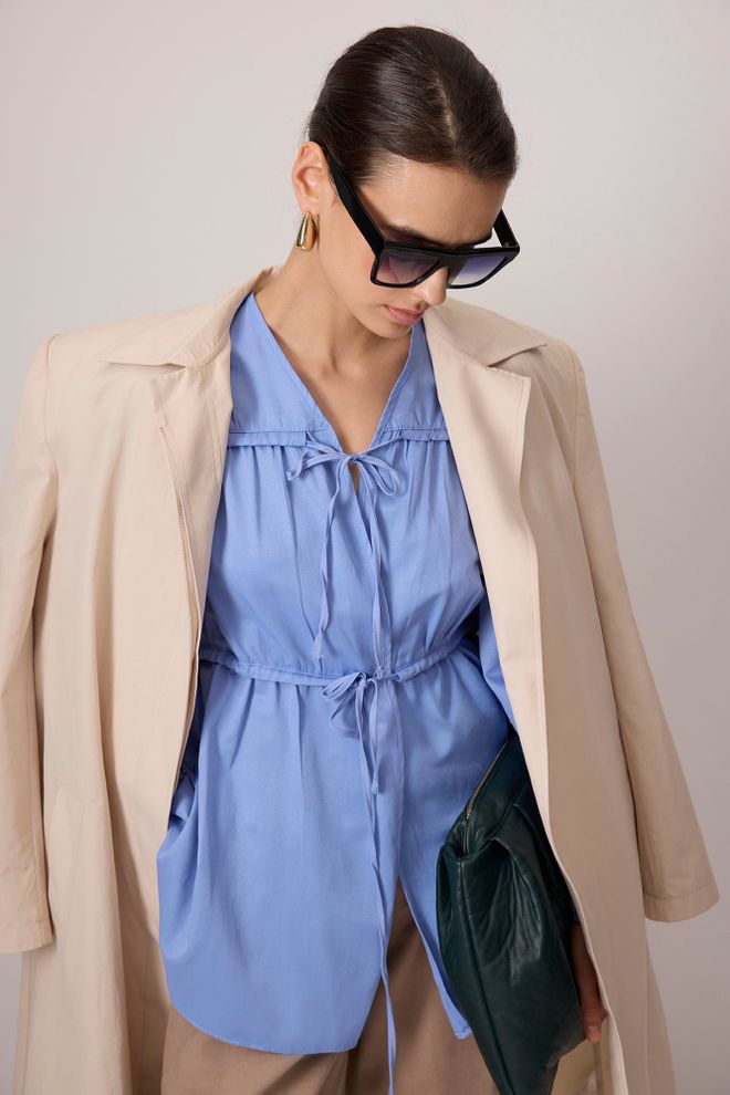 Touche Prive Blue Modest Kimono With Tie Closure And Slant Pocket Wholesale Clothing Work