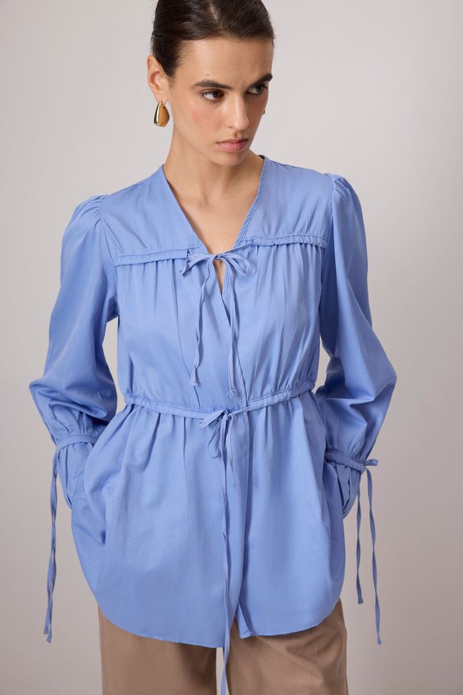 Touche Prive Blue Modest Kimono With Tie Closure And Slant Pocket Wholesale Clothing Casual