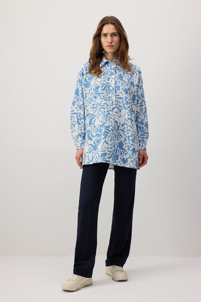 Touche Prive Túnica Floral Azul Oversized Com Botões E Gola Polo Roupas por atacado Modesto