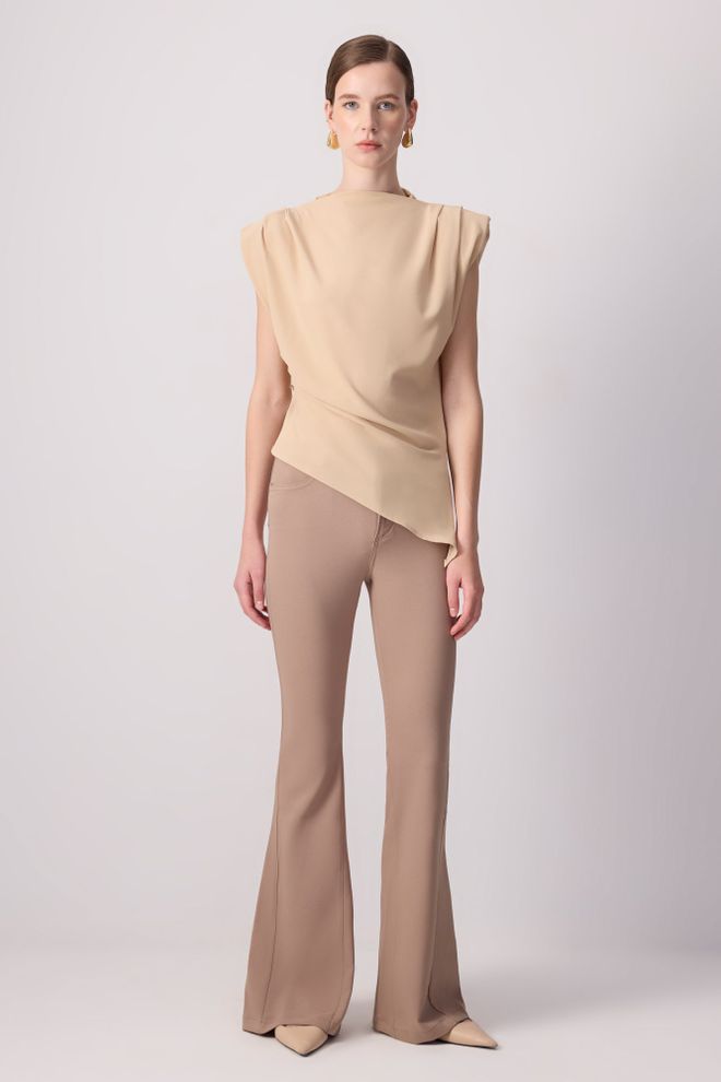 Touche Prive Blusa Beige Elegante Slim Fit Sin Mangas Ropa al por mayor Modesto