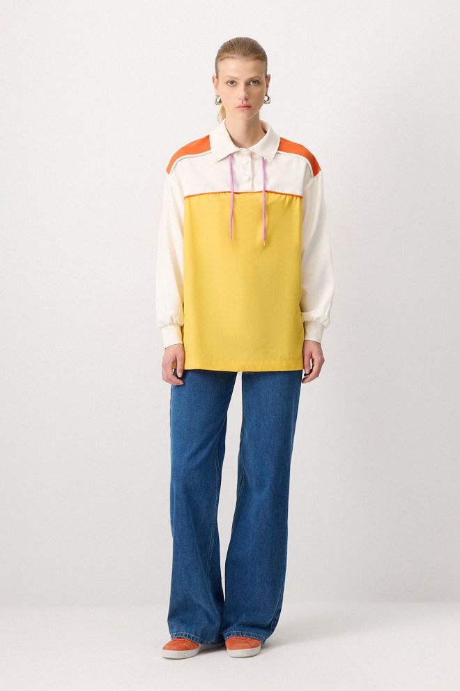 Touche Prive Gele Tuniek Met Knopen En Polohals Met Kleurblokpatroon Groothandel Kleding Bescheiden