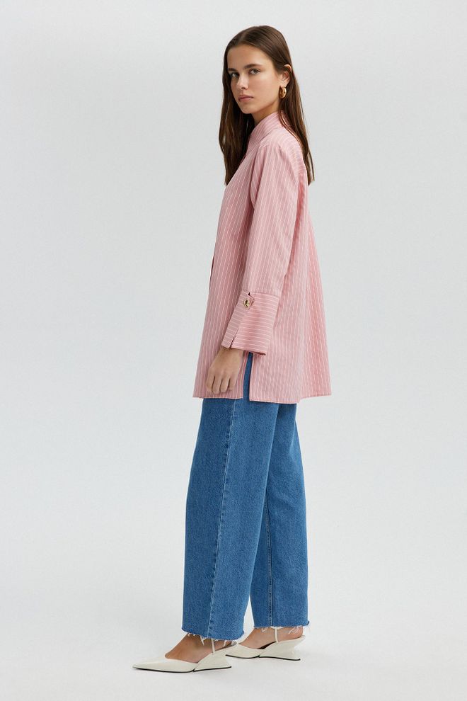 Touche Prive Рубашка Розовая В Полоску С Пуговицами И Воротником поло Свободного Кроя Оптовая продажа одежды Скромный