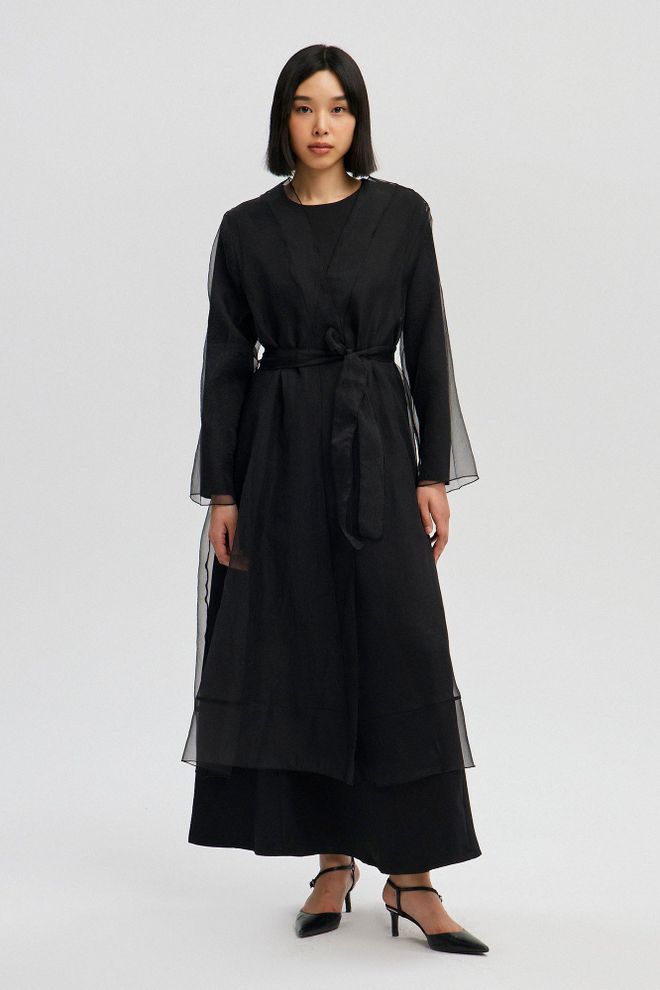 Touche Prive كيمونو أسود أنيق مع إغلاق رَابِطَة ملابس بالجملة محتشم