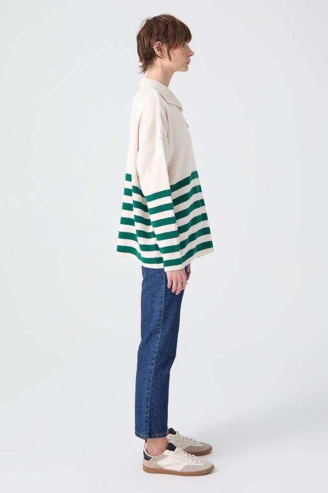 Touche Prive White Striped Oversized Fit Polo Neck Sweater Wholesale Clothing Fall