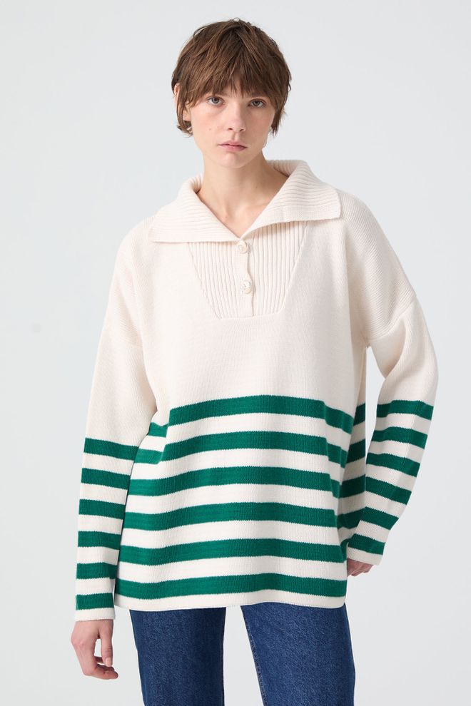 Touche Prive White Striped Oversized Fit Polo Neck Sweater Wholesale Clothing Lounge