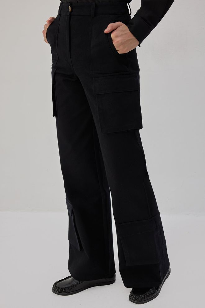 Touche Prive Pantaloni Cargo Negri Cu Talie Înaltă Și Picior Larg Îmbrăcăminte cu ridicata Casual