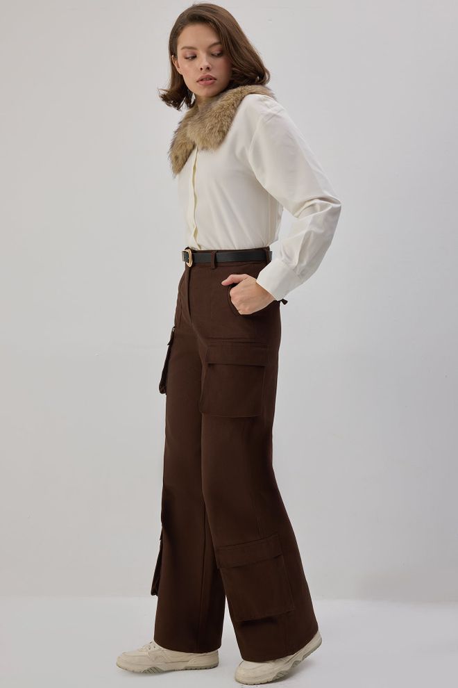 Touche Prive Brown Cargo Pants With High Waist And Wide Legs Wholesale Clothing 1