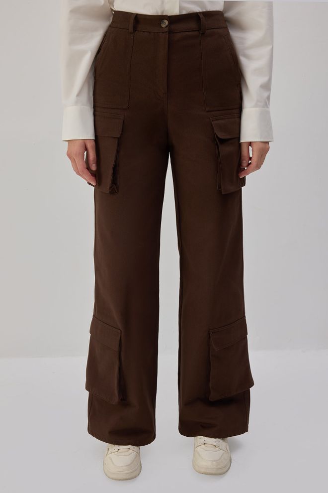 Touche Prive Brown Cargo Pants With High Waist And Wide Legs Wholesale Clothing Fall