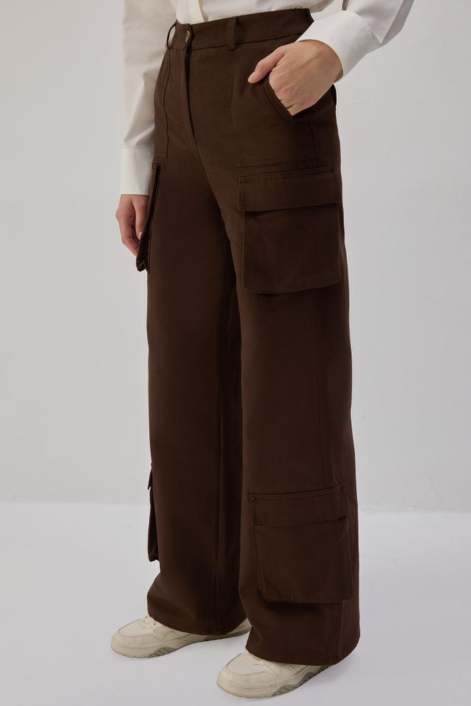Touche Prive Brown Cargo Pants With High Waist And Wide Legs Wholesale Clothing Streetwear
